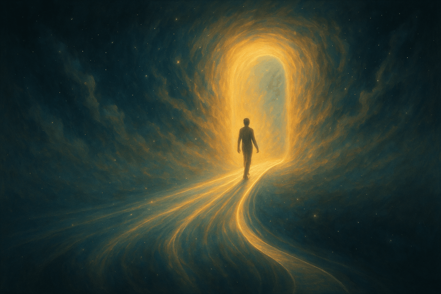 Pessoa atravessando ponte de luz simbolizando a conexão com a intuição e consciência