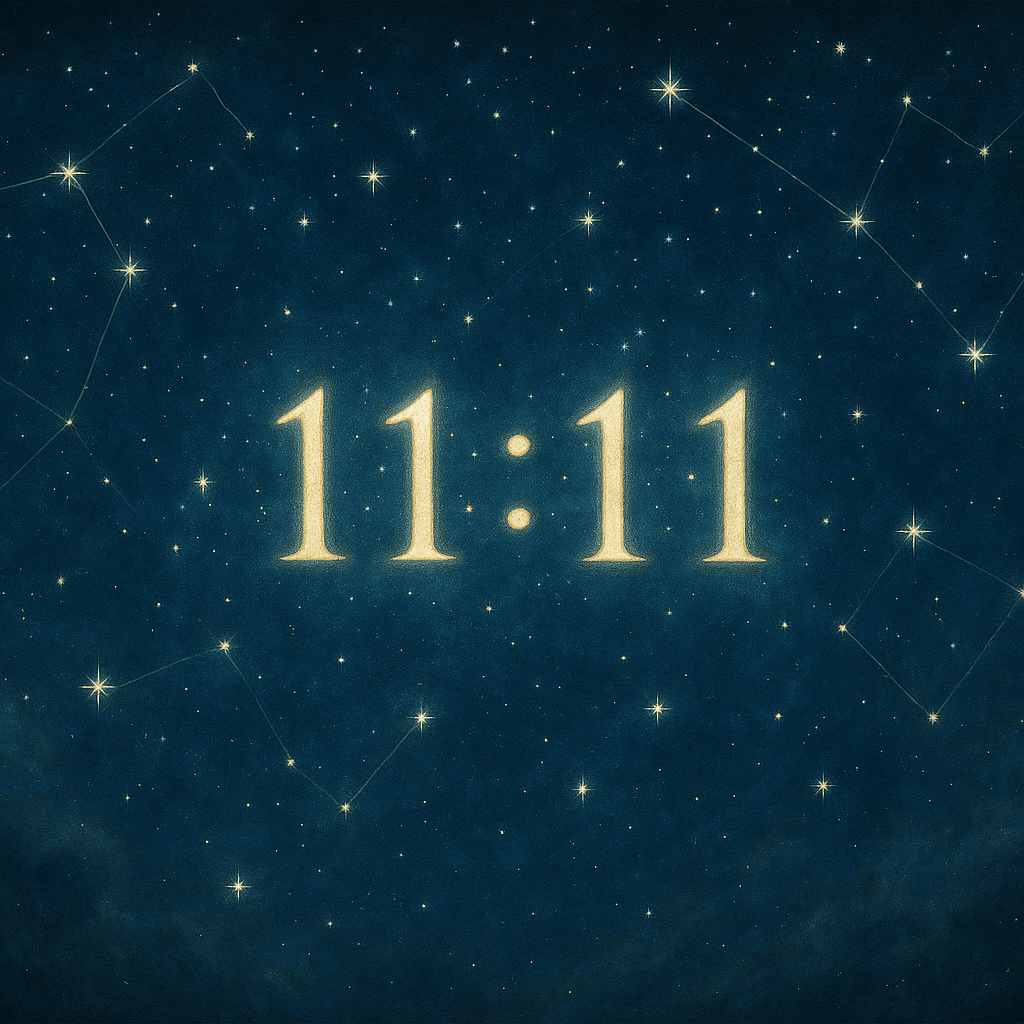 Céu estrelado com números 11:11 entre as constelações, simbolizando sincronicidade