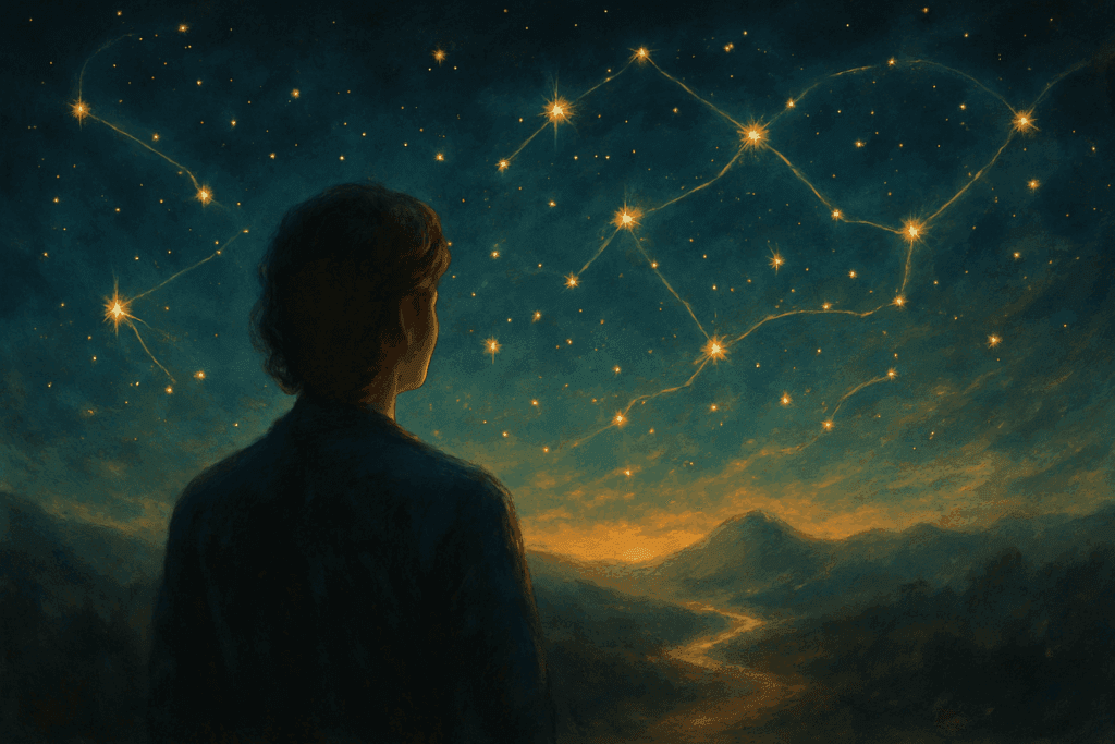 Pessoa contemplando horizonte estrelado simbolizando direção da intuição no propósito de vida