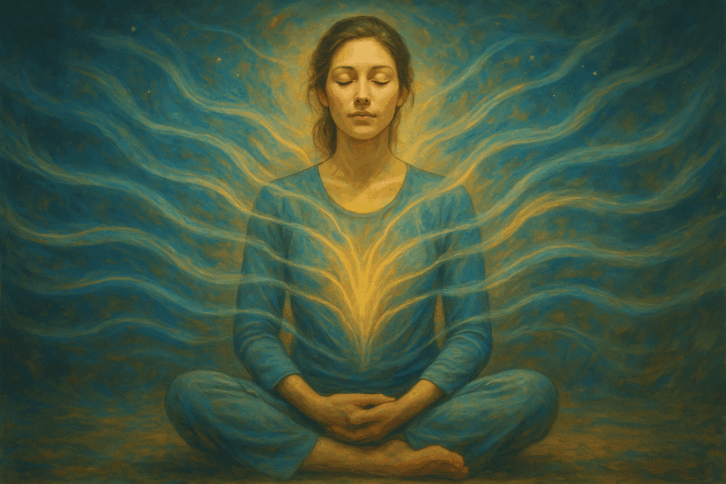 Pessoa em meditação rodeada por ondas energéticas douradas e azuis, representando intuição.