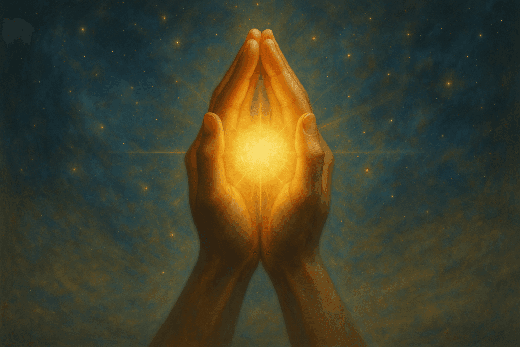 Mãos segurando esfera de luz com fundo cósmico, simbolizando a energia do universo.
