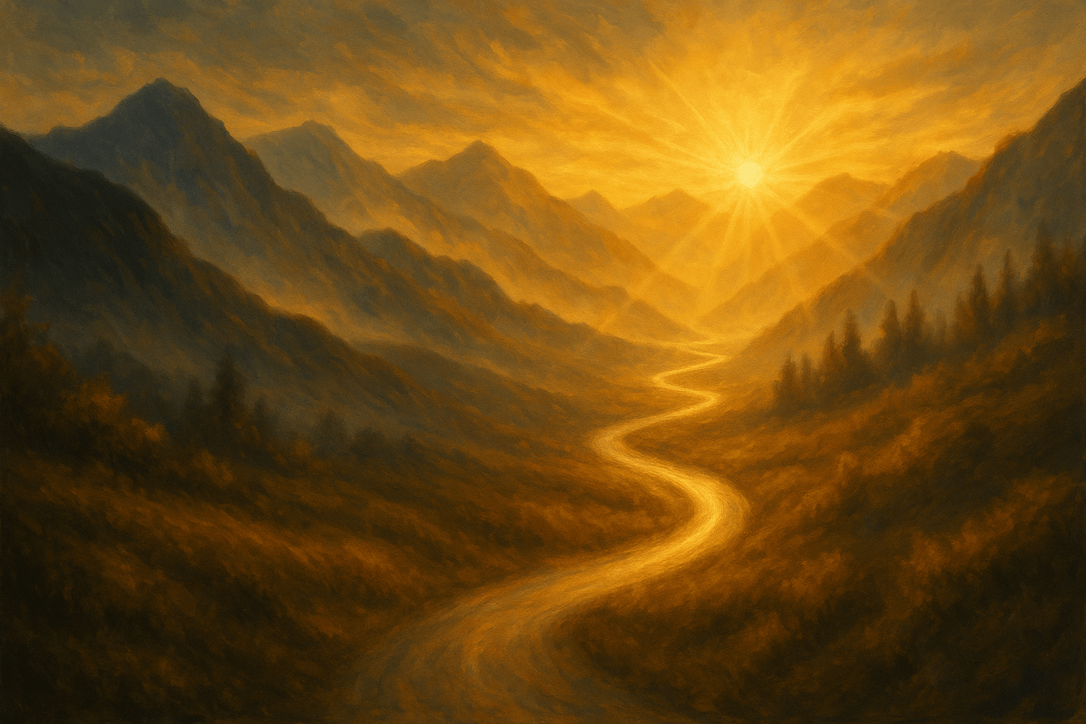 Estrada dourada ao pôr do sol representando a jornada e o karma