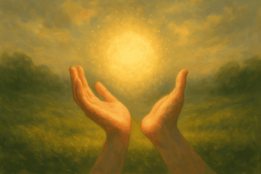 Mãos segurando luz suave simbolizando energia cármica e propósito