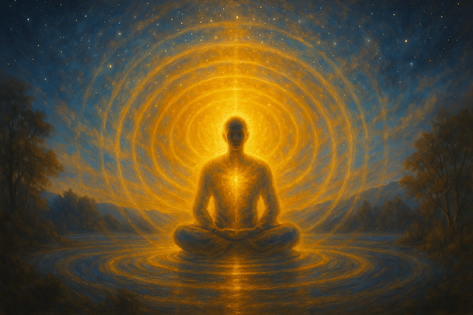 Pessoa irradiando magnetismo pessoal com aura dourada expandindo energia positiva