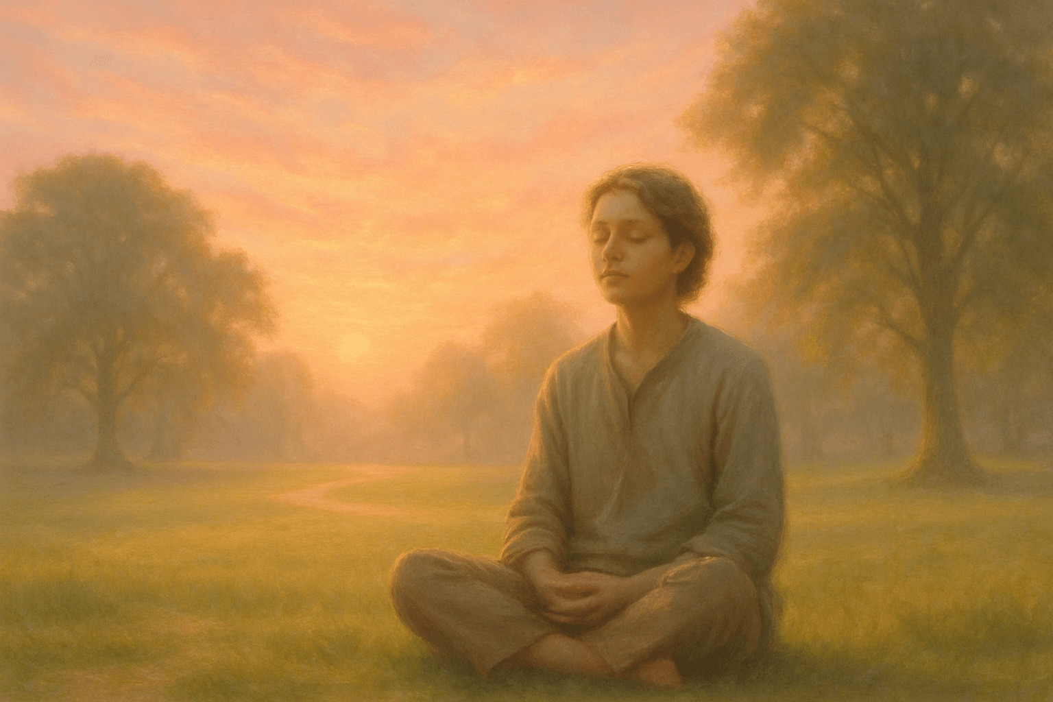 Pessoa meditando em silêncio ao nascer do sol, simbolizando presença e conexão com o momento.