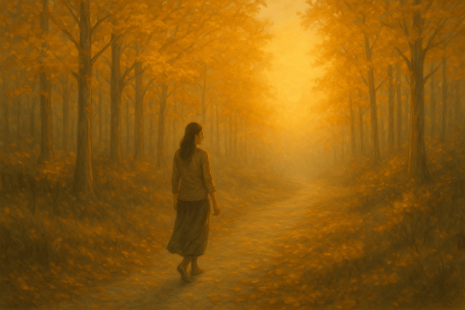 Pessoa caminhando em meio à natureza ao pôr do sol, simbolizando caminhada com propósito.