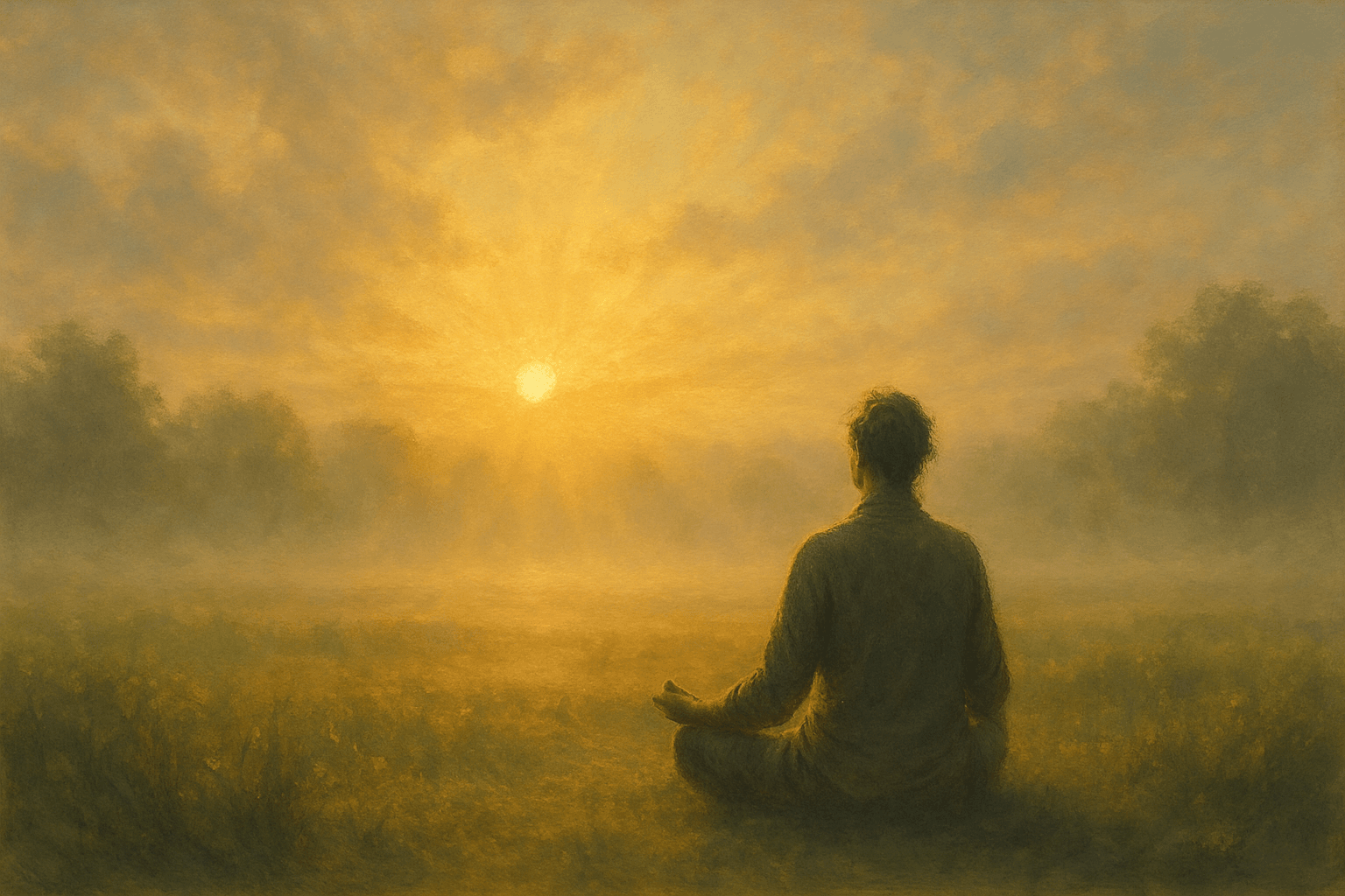 Pessoa meditando em campo iluminado pelo sol da manhã, representando mindfulness e conexão interior