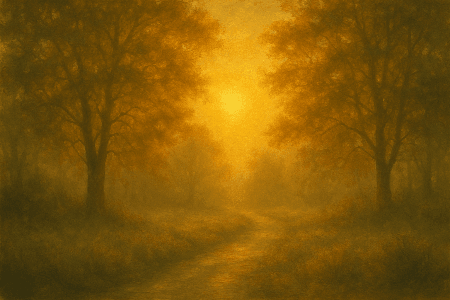 Amanhecer sereno com luz dourada e caminho silencioso, simbolizando o silêncio da manhã.
