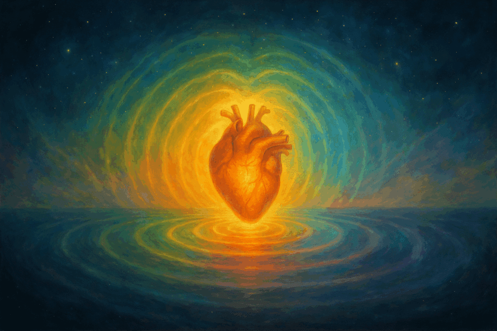 Coração irradiando energia positiva como símbolo da conexão entre emoções e saúde.