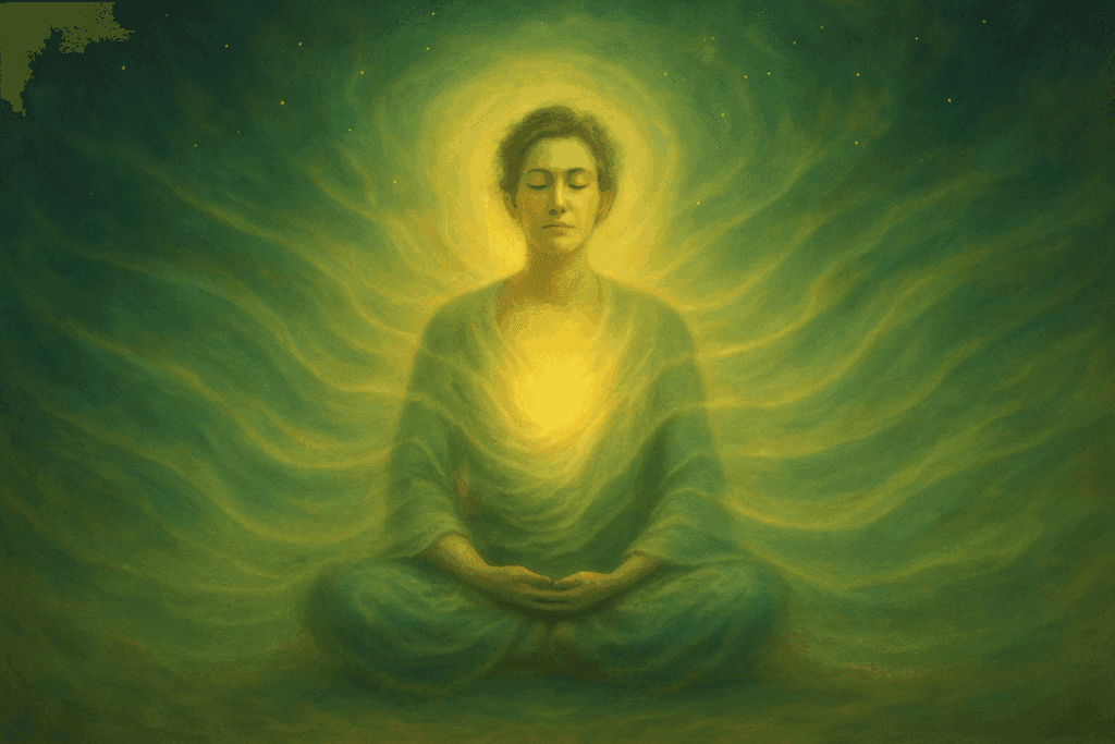 Campo energético humano em vibração positiva, simbolizando saúde e bem-estar.