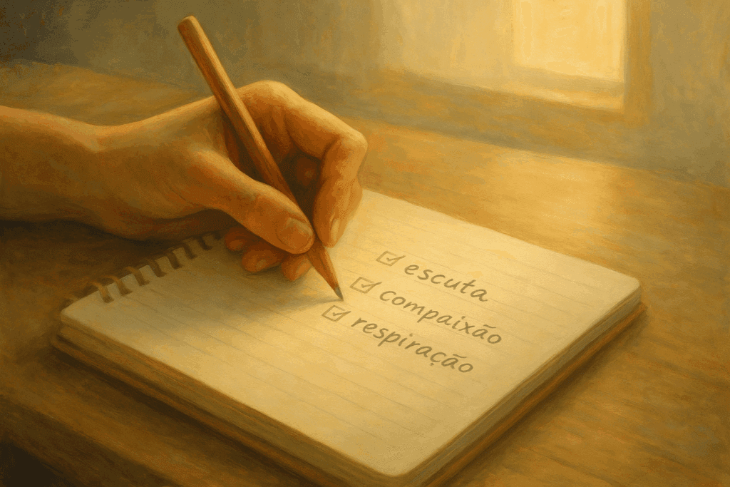 Ferramentas práticas de comunicação consciente anotadas em caderno
