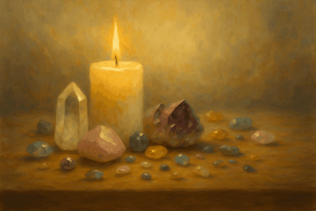 Altar com cristais energéticos e vela acesa em espaço sagrado