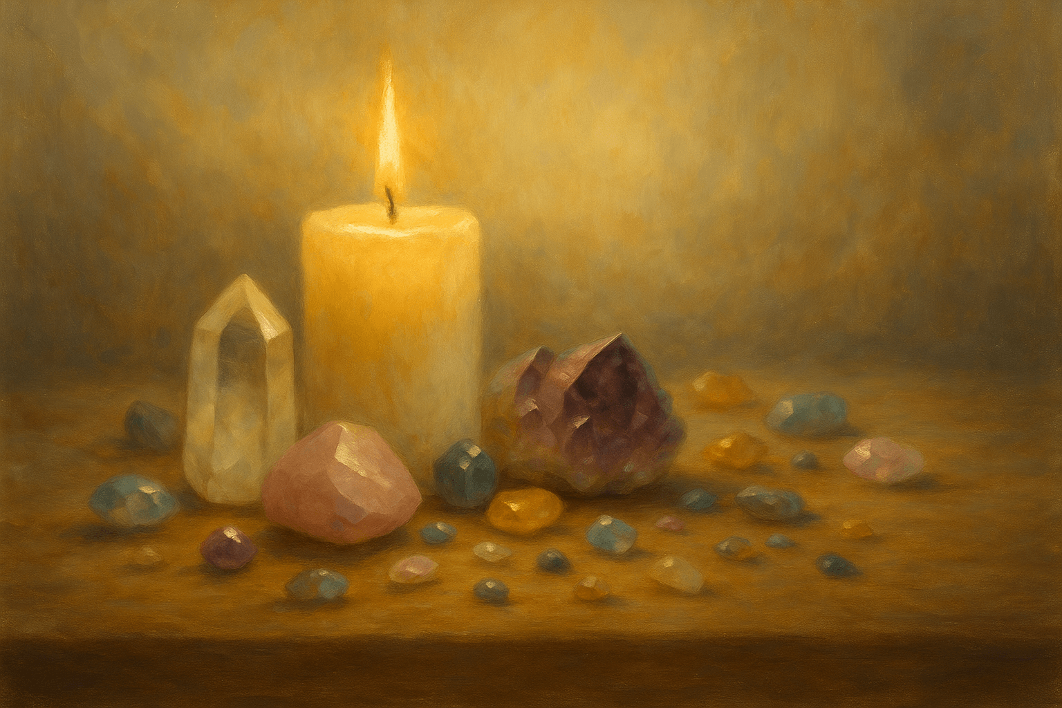 Altar com cristais energéticos e vela acesa em espaço sagrado
