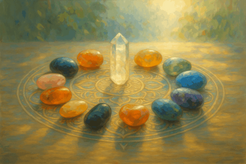 Cristais coloridos energizando espaço sagrado em mandala