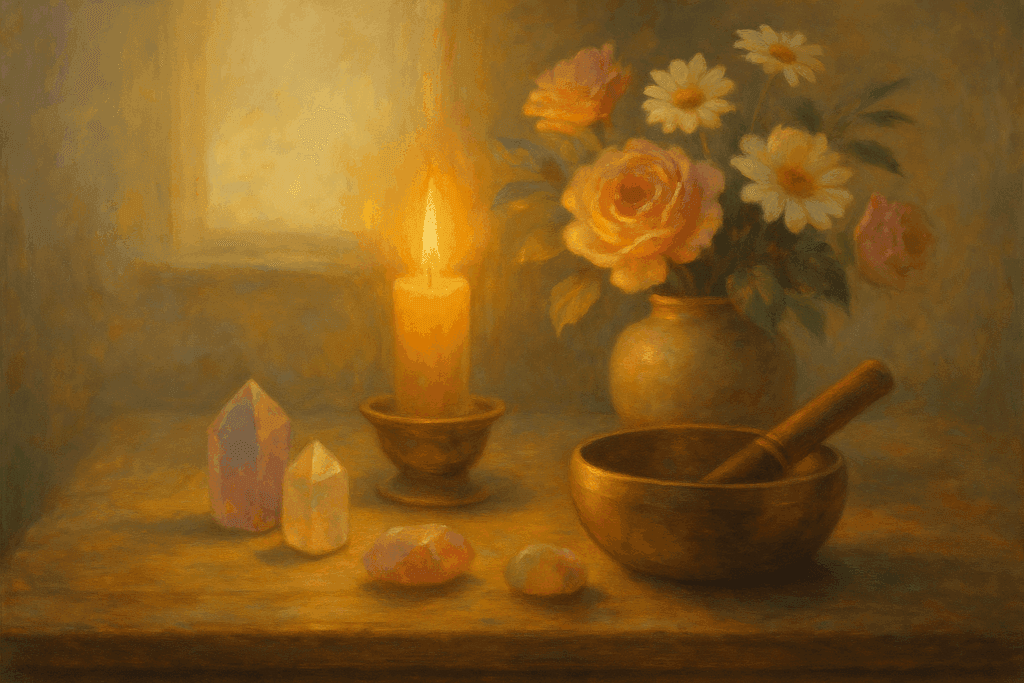 Altar doméstico com elementos espirituais e simbólicos