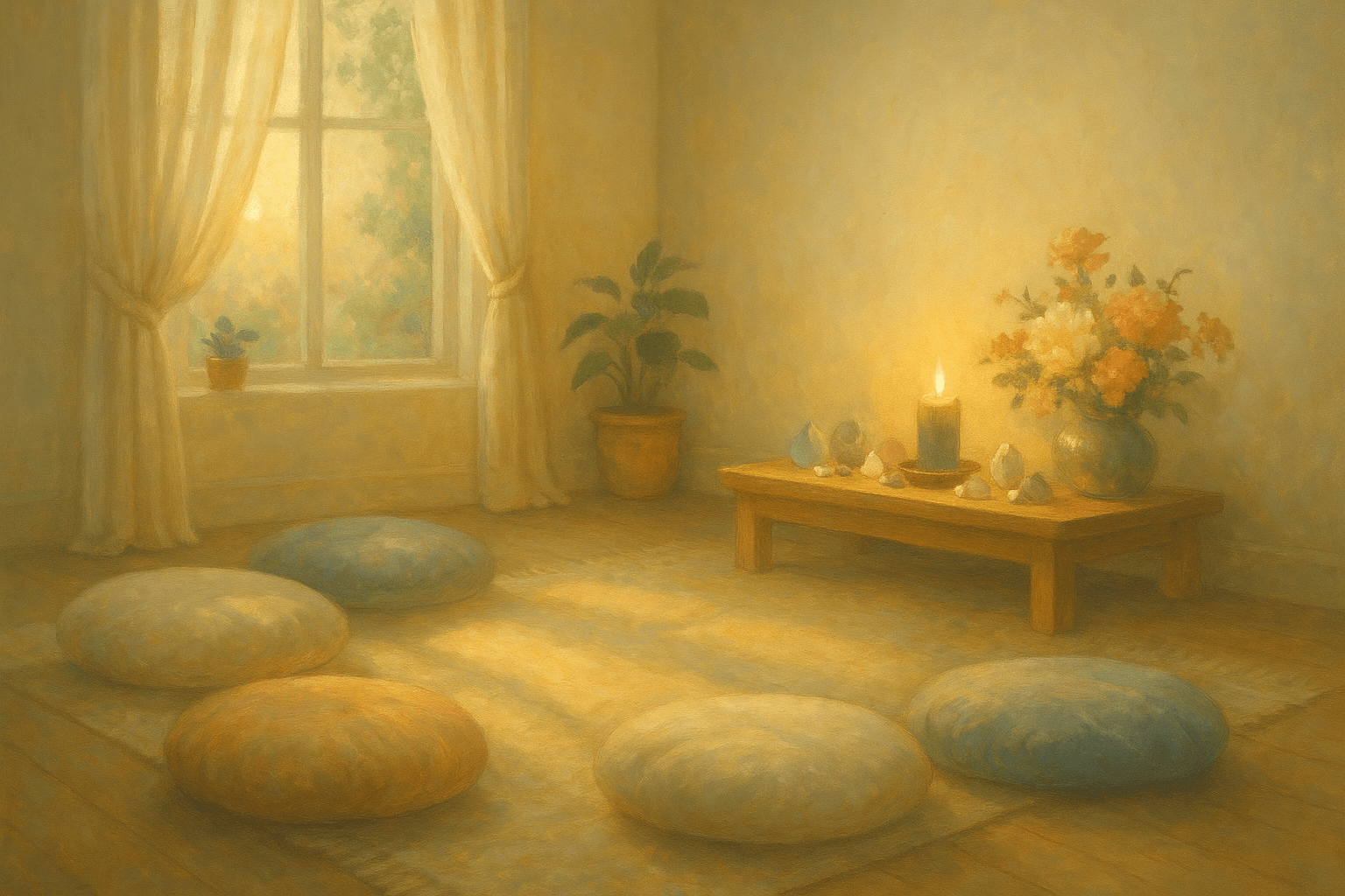 Espaço sagrado iluminado por luz natural com altar simples e acolhedor