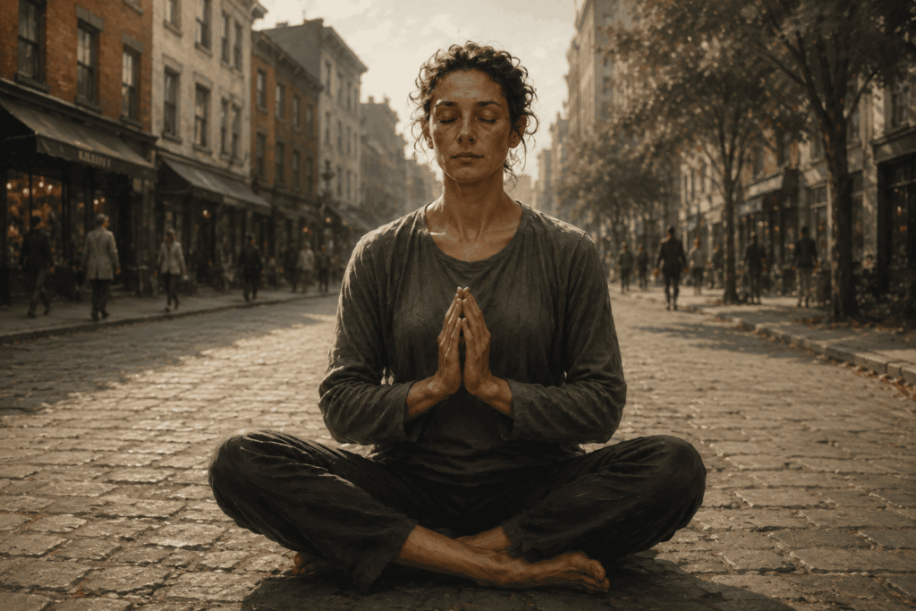Silêncio Interior_Pessoa meditando em ambiente nada convidativo, mostrando controle total