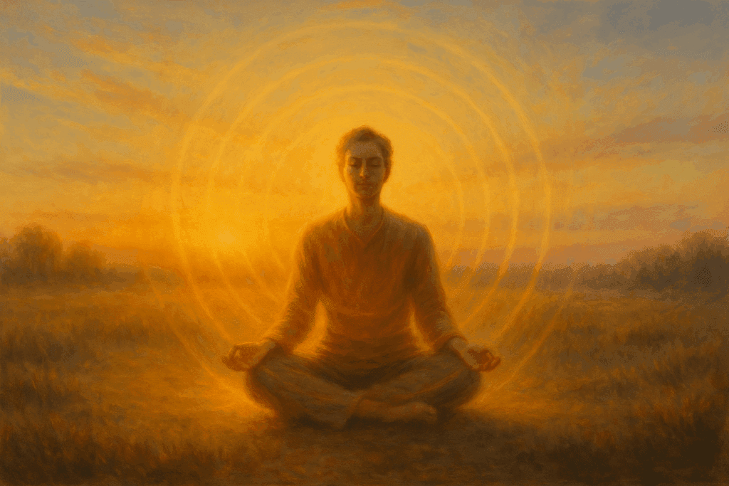 Yoga energético em postura de lótus ao nascer do sol equilibrando corpo e energia vital