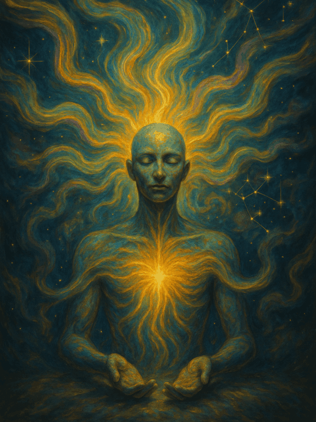 “Figura irradiando vibrações coloridas no universo.