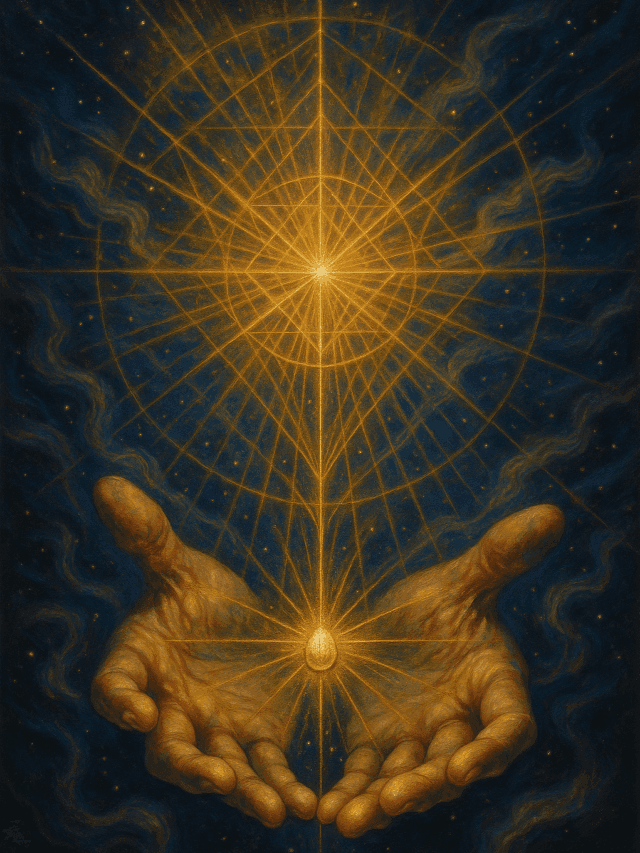 Mãos segurando semente brilhante irradiando luz cósmica