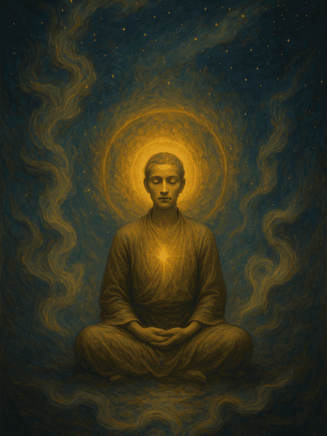 Pessoa meditando com aura dourada sob o cosmos.