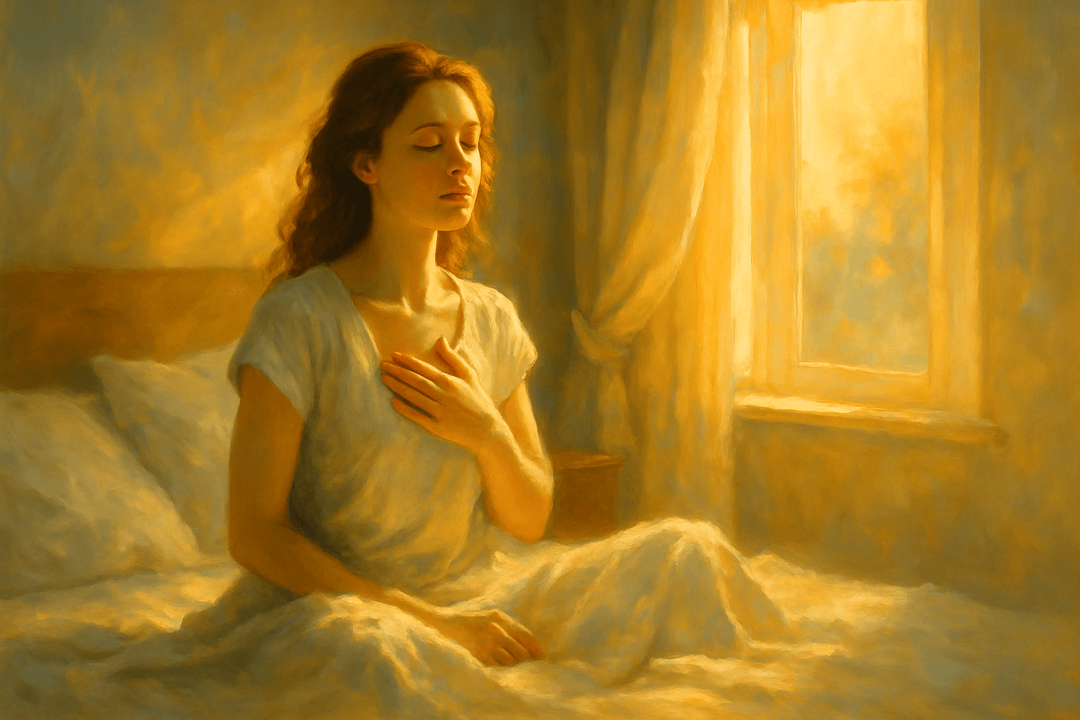 Despertar consciente com respiração profunda e calma matinal