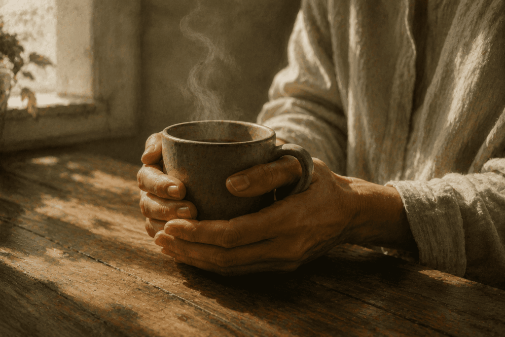 Manhã Consciente_Mãos segurando uma xícara de cerâmica com vapor, sobre uma mesa de madeira pela manhã.