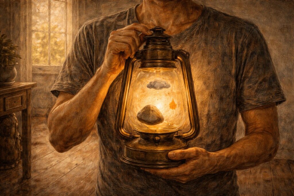  Pessoa iluminando emoções com gentileza, usando autoobservação como cuidado.