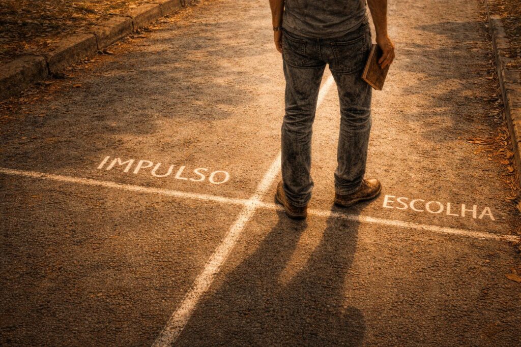 Pessoa parando antes de reagir, escolhendo com consciência em vez de agir no automático.