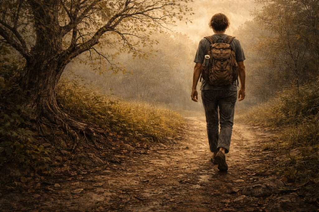 Pessoa caminhando em trilha de terra ao lado de árvore com brotos e galhos secos, simbolizando ciclos e recomeço como a natureza