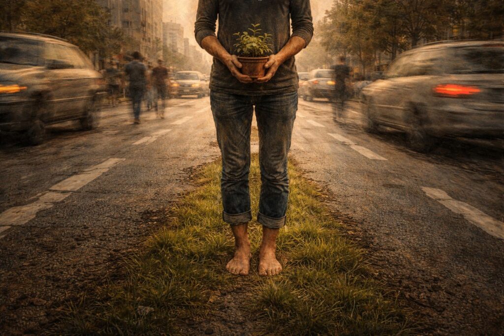 Pessoa segurando uma planta e encontrando presença e chão em meio à pressa urbana.