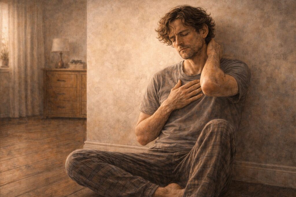 Pessoa em pausa silenciosa, ouvindo o corpo e reconhecendo sinais de energia baixa.
