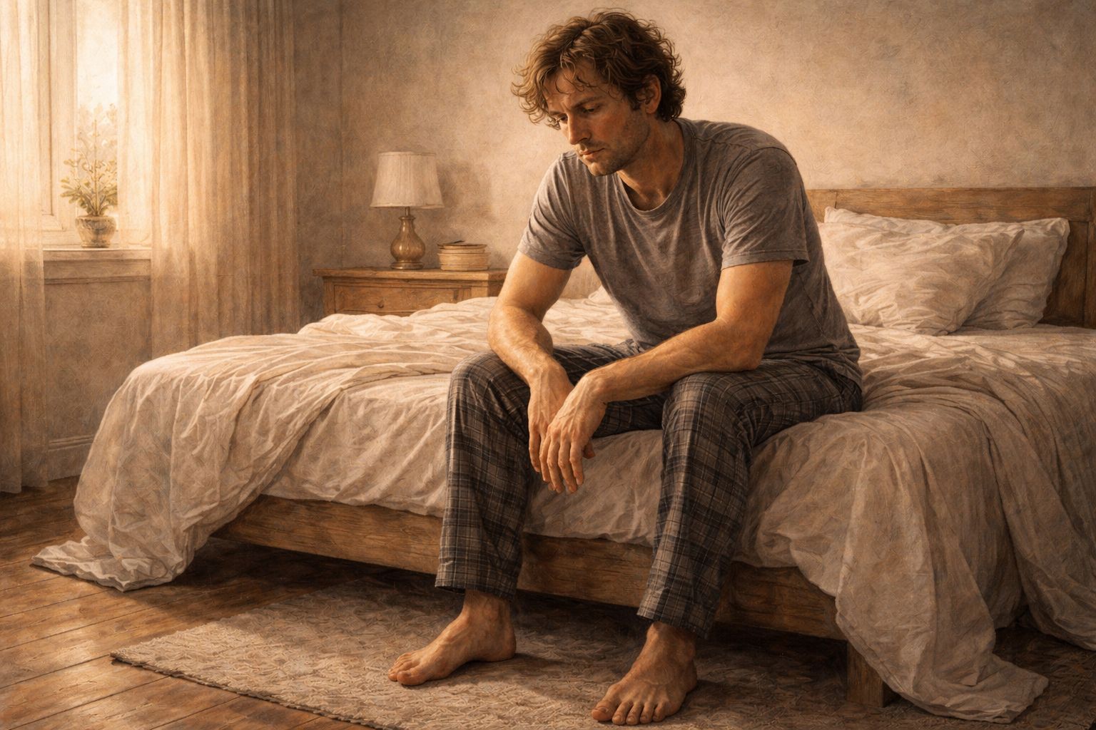 Pessoa sentada na cama ao amanhecer, sentindo energia baixa e cansaço profundo.