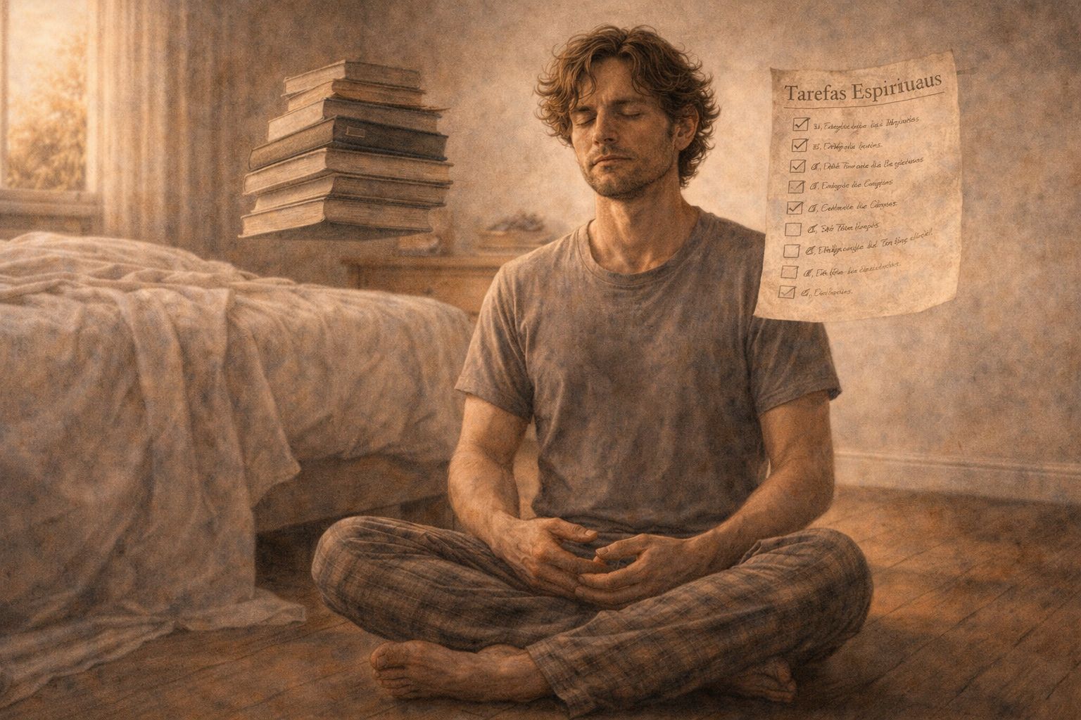 Pessoa tentando meditar enquanto sente o peso da cobrança espiritual sobre si.
