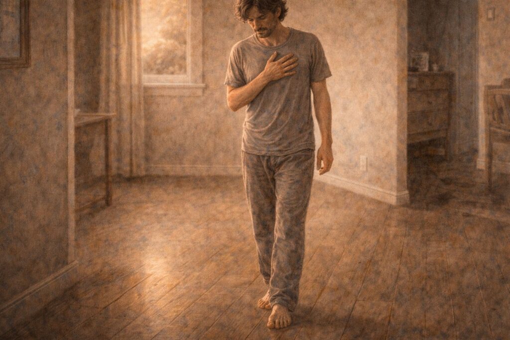 Pessoa voltando ao corpo e transformando cobrança espiritual em presença real.