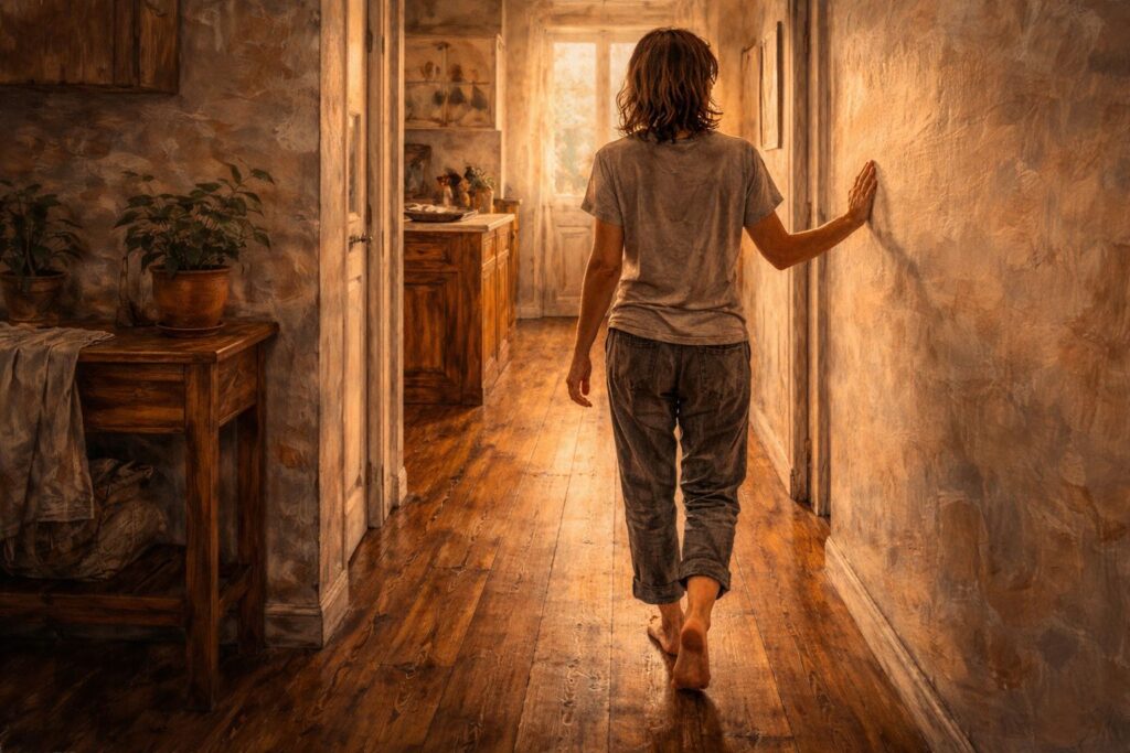 Pessoa caminhando descalça em casa como gesto simples de retorno à presença