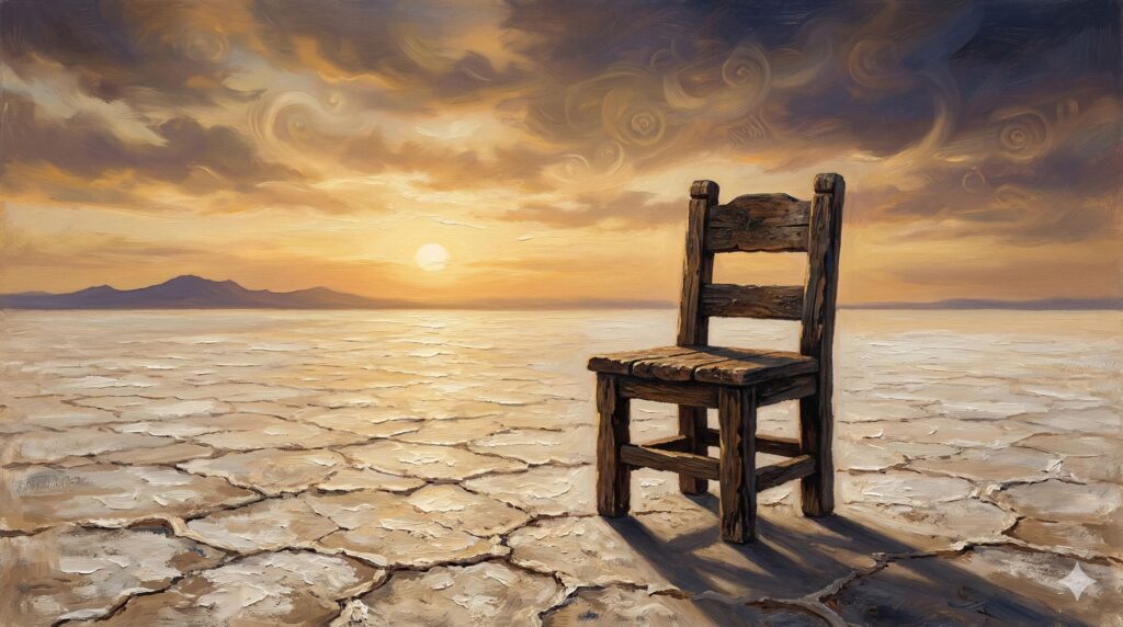 Cadeira solitária em deserto de sal ao pôr do sol, representando estabilidade estéril.
