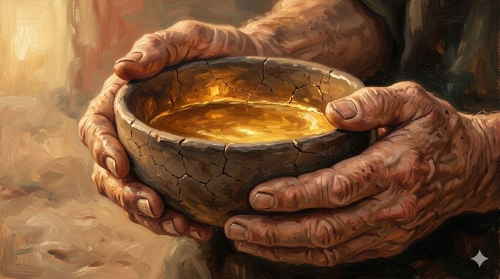 Mãos segurando tigela com luz dourada, simbolizando presença encarnada.