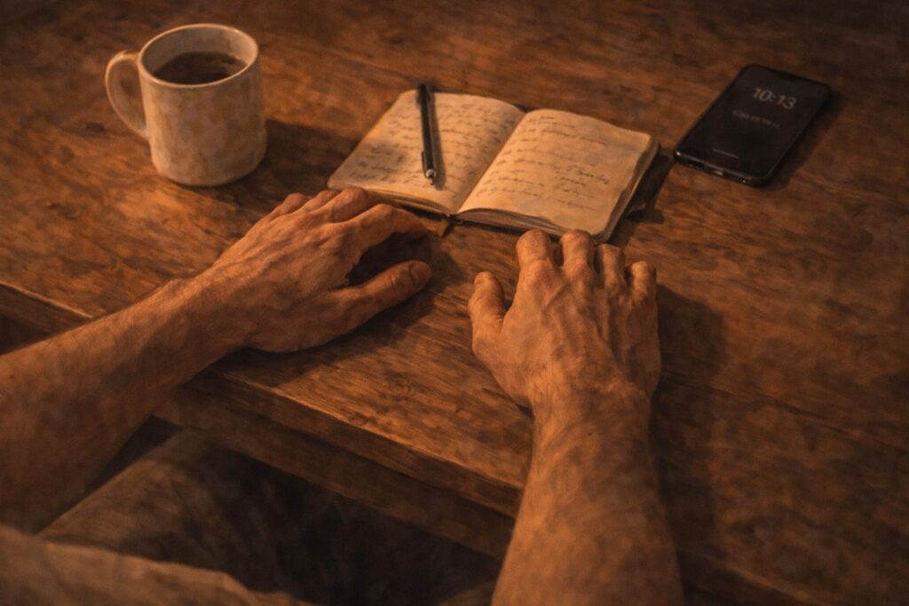 Mãos pousadas sobre mesa com objetos do cotidiano ao redor — pausa involuntária no meio do dia, o peso do que não aparece na agenda.