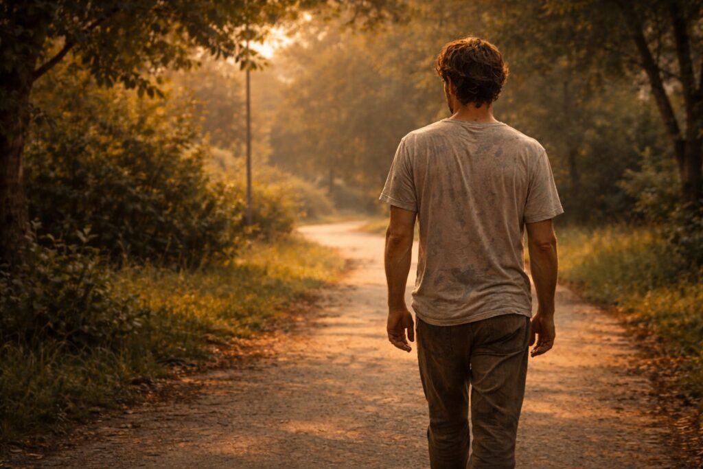 Pessoa caminhando sozinha num parque ao amanhecer com passo lento e olhar à frente — o início de um movimento real em direção a si mesma.