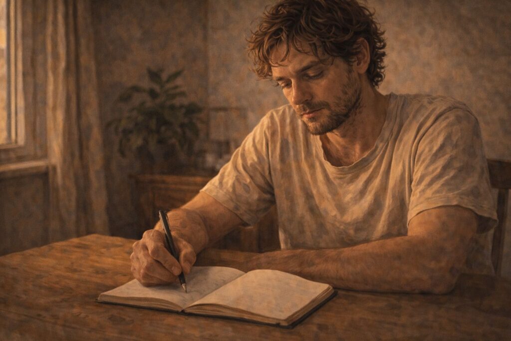 Pessoa com caderno aberto e caneta na mão sobre mesa simples — disposição quieta de quem está pronto para olhar com honestidade para o próprio cansaço.