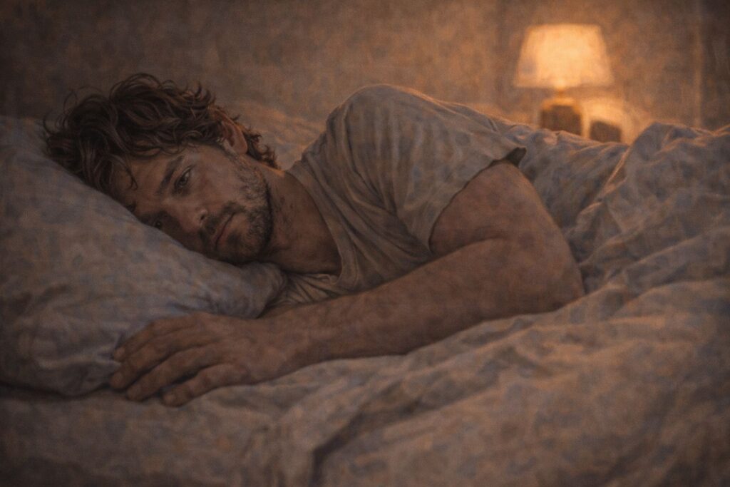 Pessoa deitada de lado na cama, cansado, com olhos abertos e olhar distante — o cansaço que precede o sono mas não é resolvido por ele.