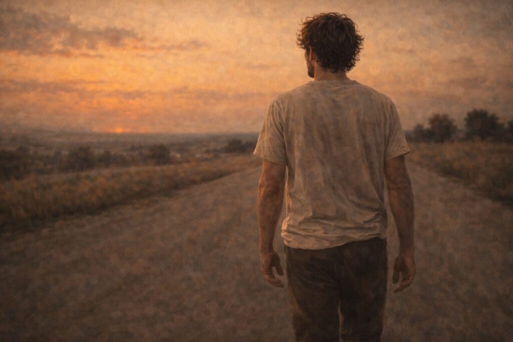 Pessoa caminhando sozinha ao entardecer — movimento real em direção a si mesma, sem pressa de chegar.