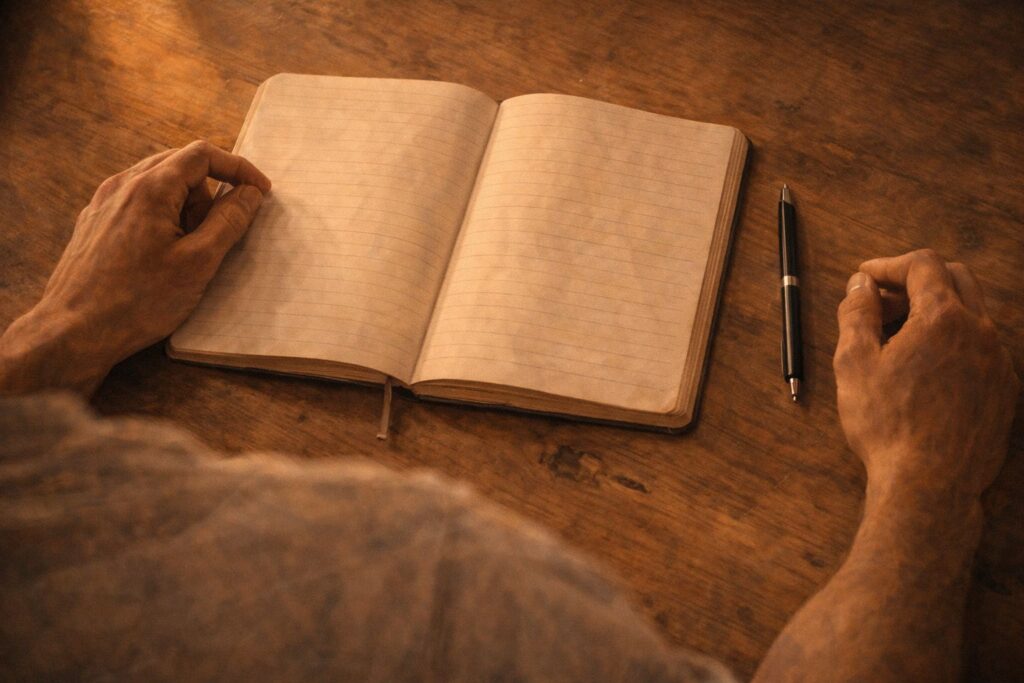 Caderno aberto com caneta sobre mesa simples — convite à escrita e à reflexão interna.