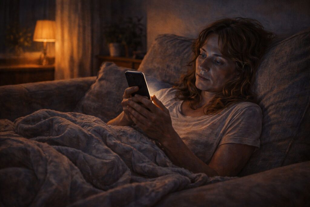 Pessoa cansada no sofá olhando o celular, em um estado de excesso de estímulos
