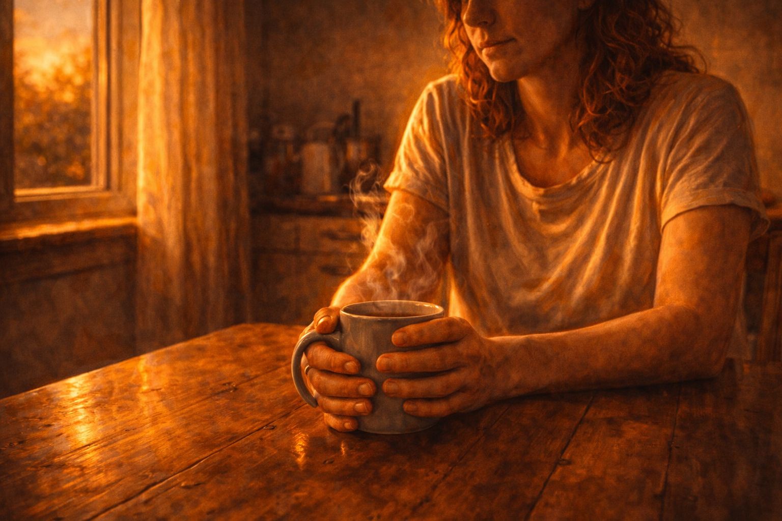 Pessoa sentada à mesa da cozinha com café, em um momento de cansaço silencioso