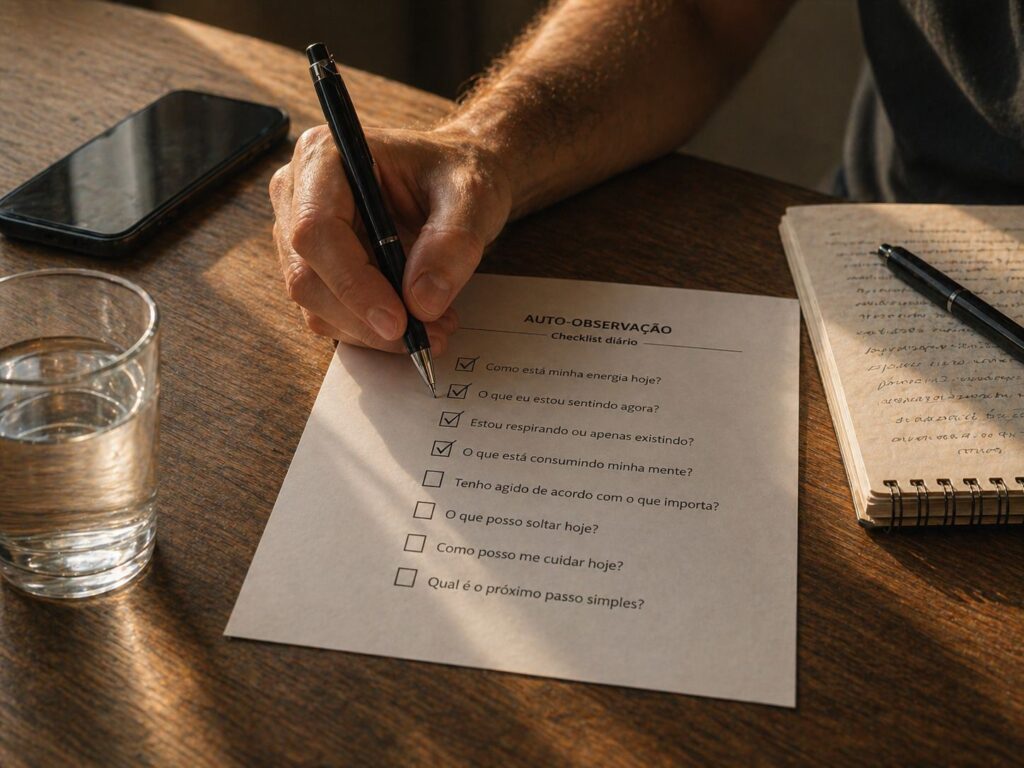 Esgotamento_Mão preenchendo checklist simples para reconhecer sinais de esgotamento emocional