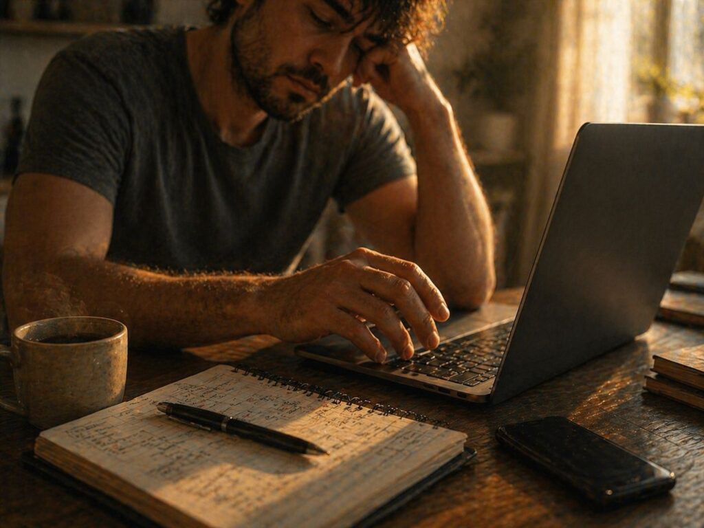Esgotamento_Mãos paradas diante do computador em momento de exaustão emocional no trabalho