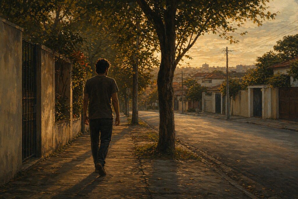 Esgotamento_Pessoa caminhando ao entardecer após reconhecer o próprio esgotamento emocional
