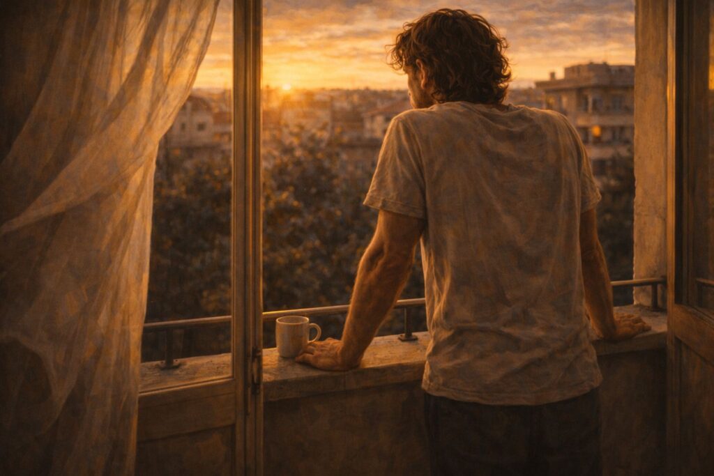 Pessoa em pé na varanda ao fim da tarde, em um momento de retorno ao chão e à presença
